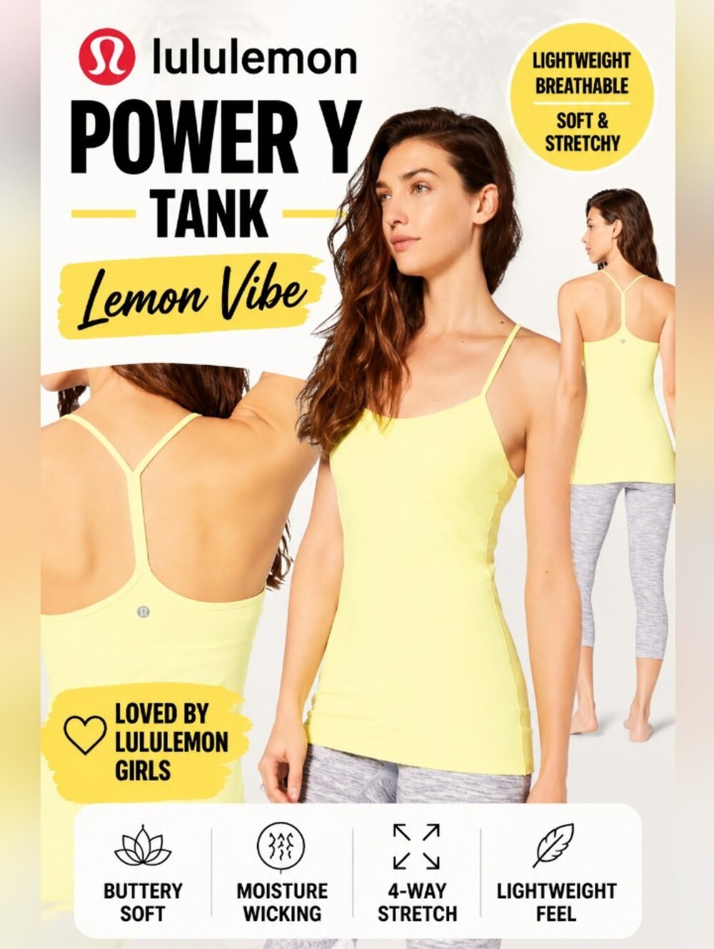 LULULEMON - Pale Yellow Power Y Spaghetti Strap Racerback Tank Top Size 4